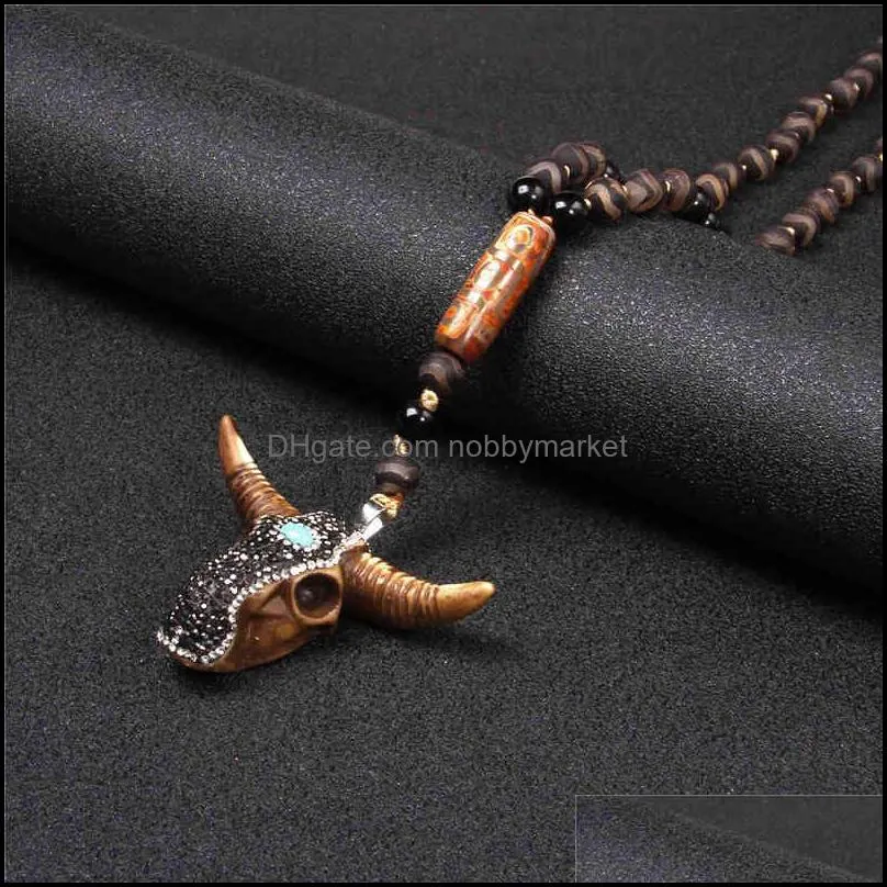 Tibetan Natural agat lava stone strand beads necklace Cow Bull Ox Head tooth Skull Charms necklace Men Women amulet Lucky Gift 210323