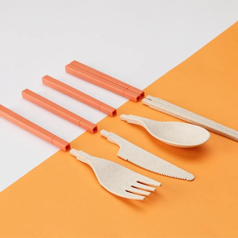 Wheat Straw Fold-Able Cutlery Set Dinnerware Sets Creative Removable Knife Fork Spoon Chopsticks Portable Four-Piece Student Gift GH0030