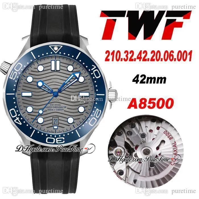 TWF Diver 300M A8500 Automatic Mens Watch 42mm Black Ceramics Bezel Gray Wave Texture Dial Date Rubber Strap 210.32.42.20.06.001 Watches Super Edition Puretime 02b2