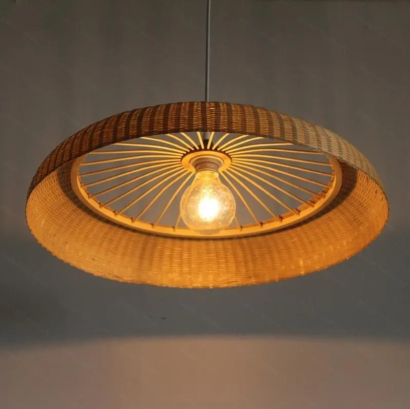 Bambus Wiklinowy Rattan Ring Shade Wisiorek Lampy Oprawa Rustic Vintage Prymitywne Wiszące Projekt Restauracja E27 E26 Bulb