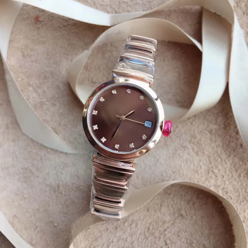 2021 29MM Coffee Dial Quartz Womens Watches Rose Gold Ladies Watch Date Wristwatches Three Hands Diamond Hour Markers