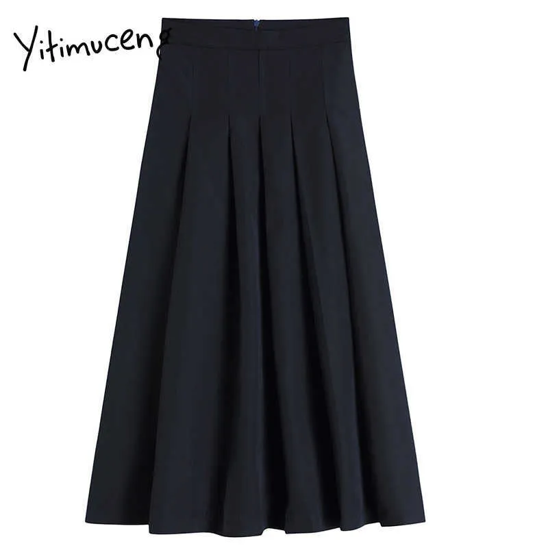 Yitimuceng Plised Spódnica Dla Kobiet Unicolor Black High Waist A-Line Spring Summer Fashion Preppy Style Spódnice 210601