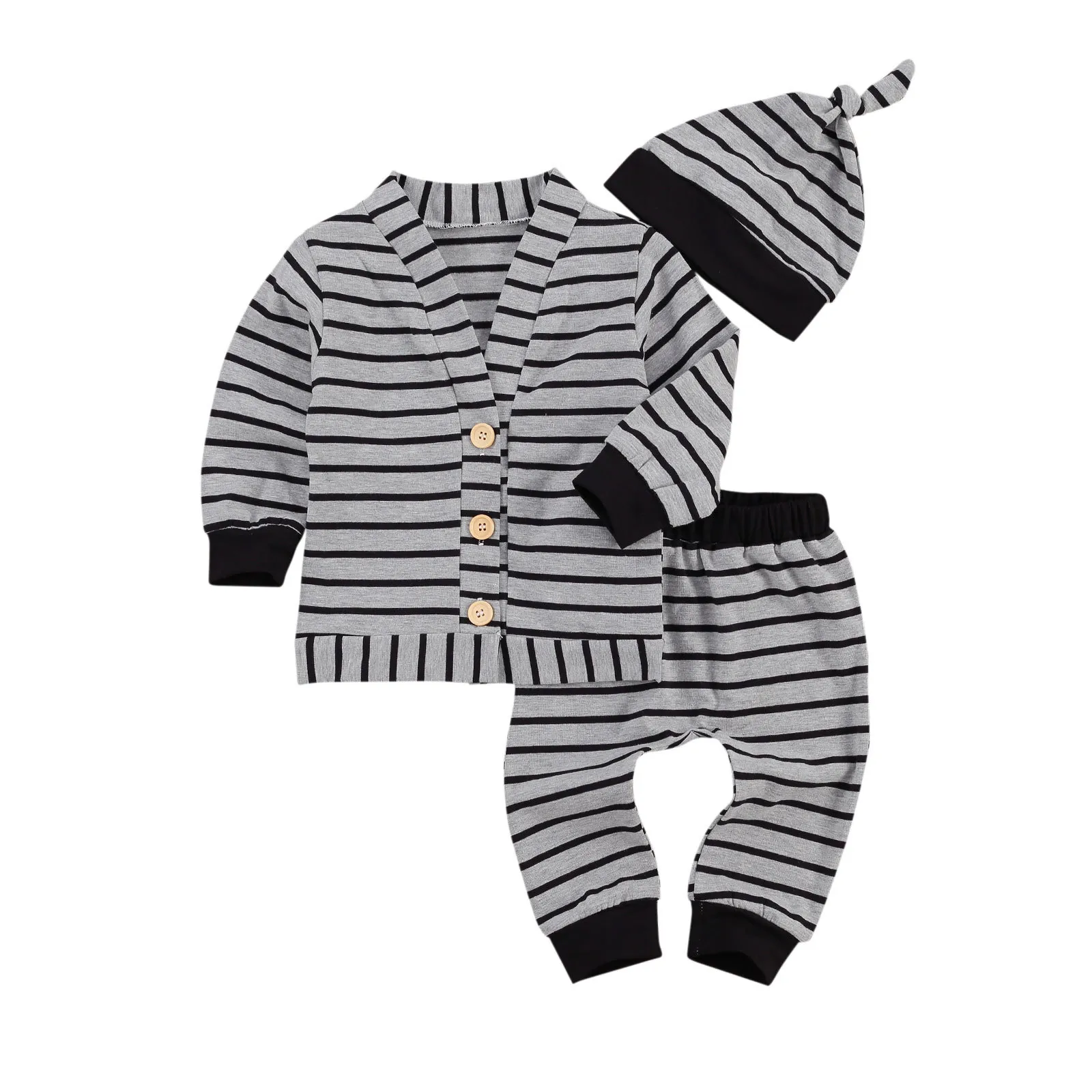 0-24M Herfst Winter Geboren Baby Baby Boy Kleding Set Gestreepte Lange Mouw Jassen Broek Hoed Casual Toddler Outfits 210515