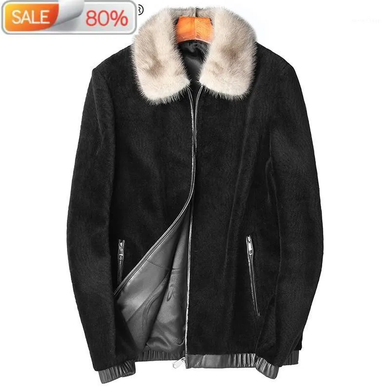 Men's Leather & Faux Real Wool Coat Men Clothes 2021 Mink Collar Jacket Winter Sheep Shearling Fur Coats Parka Manteau Homme ZLA52