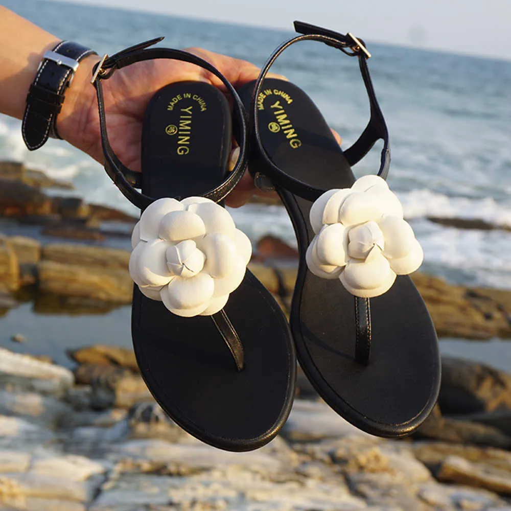 Sandales plates florales pour femmes d'été bohème, tongs de plage simples, Y0721