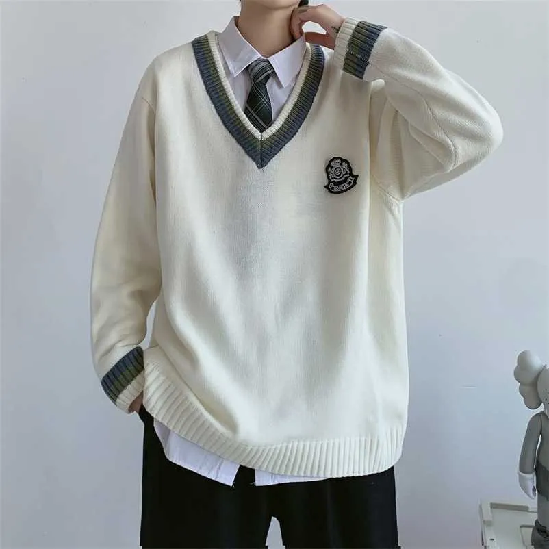 Privathinker Men's Casual Sweater Oversize JK Knitted V-Neck Pullover Winter Woman Thicken Warm College Pullovers Unisex 211018