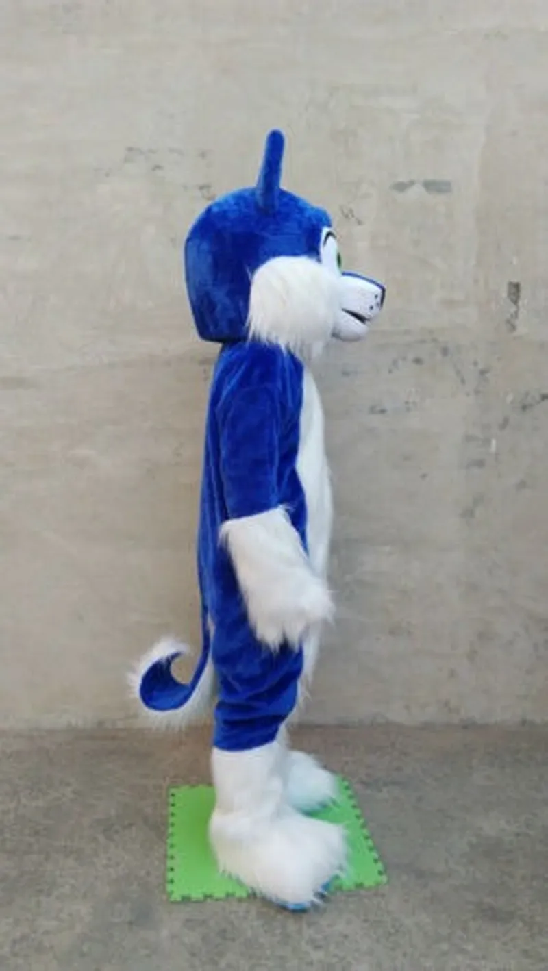 Mascote calumeshalloween longo pele azul husky mascote traje traje festa halloween adulto