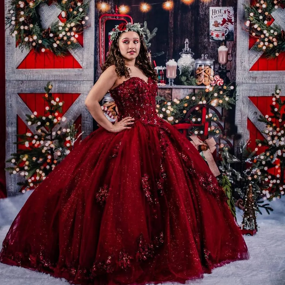 Gorgeous Dark Red Puffy Quinceanera Suknie Glitter Cekiny Tulle Gorset Prom Brithday Party Ball Suknie Koronkowe Aplikacje Koraliki Sweeet 16 Dress Vestidos DE 15 Años