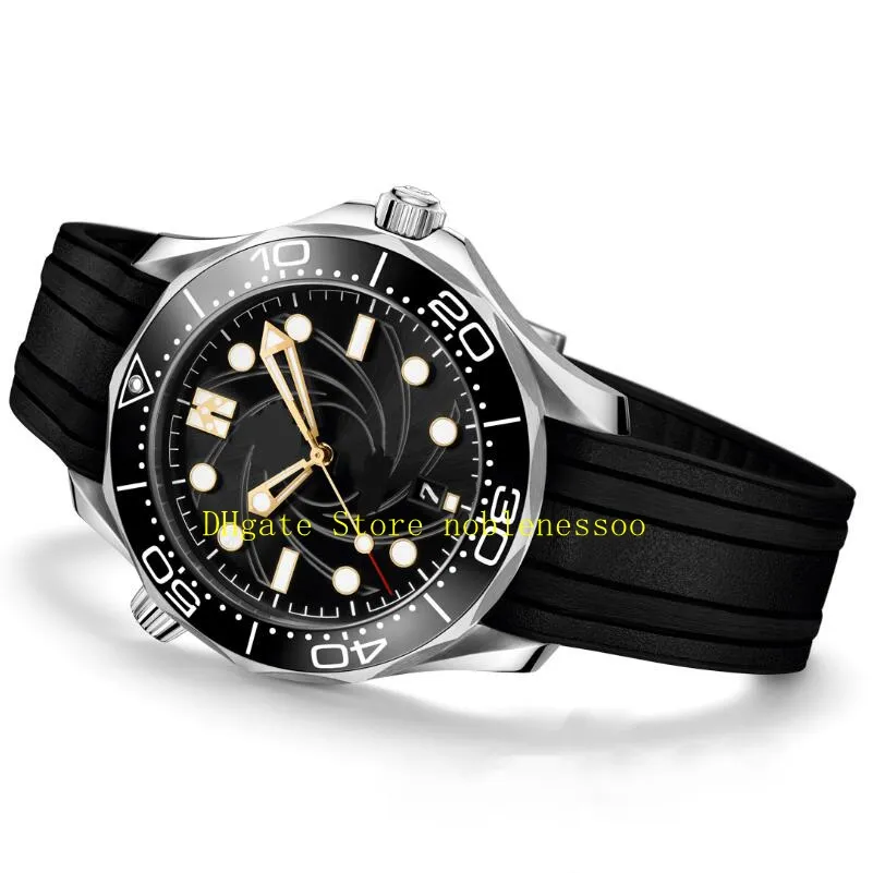 실제 사진 남성 자동 시계 남자 007 블랙 다이얼 300mm 한정판 고무 팔찌 아시아 8800 운동 남성 스포츠 시계 기계 손목 시계