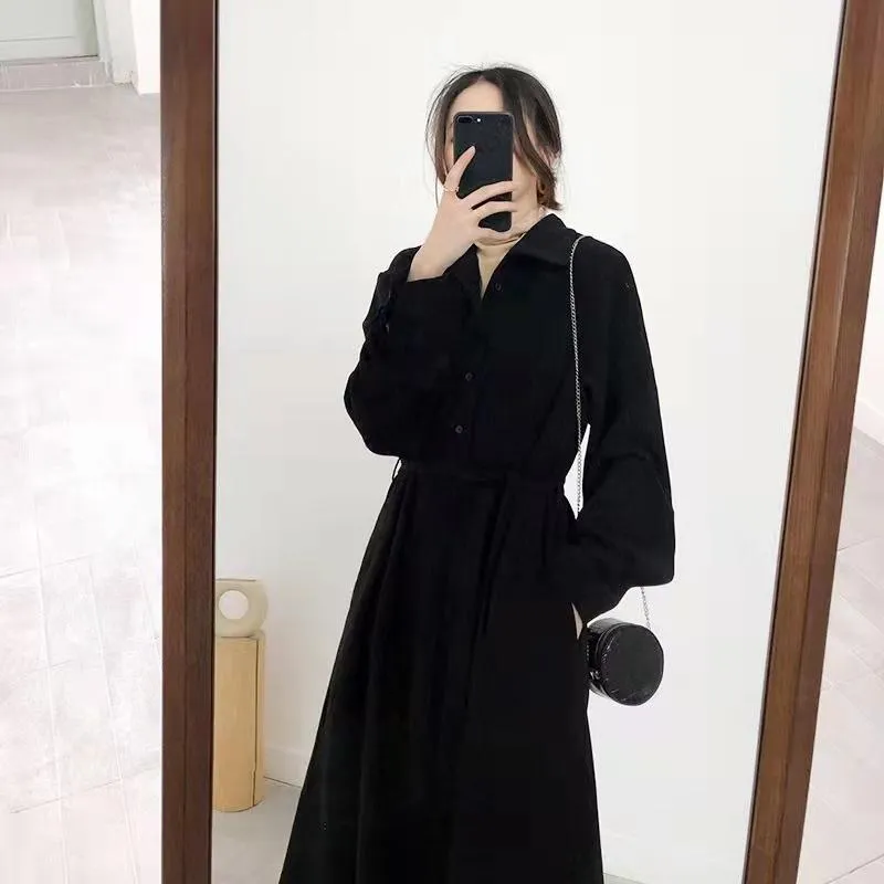 Casual Dresses Hepburn Style Black Shirt Dress 2021 Autumn Women's Long-Sleeved Temperament Bottoming Little