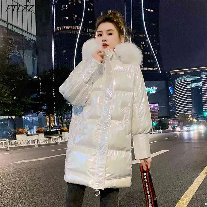 Zimowa długa kurtka damska z kapturem jasny kolor sztuczny futro kołnierz ciepły bawełniany płaszcz luźny gruby śnieżny parka znośnik 210430