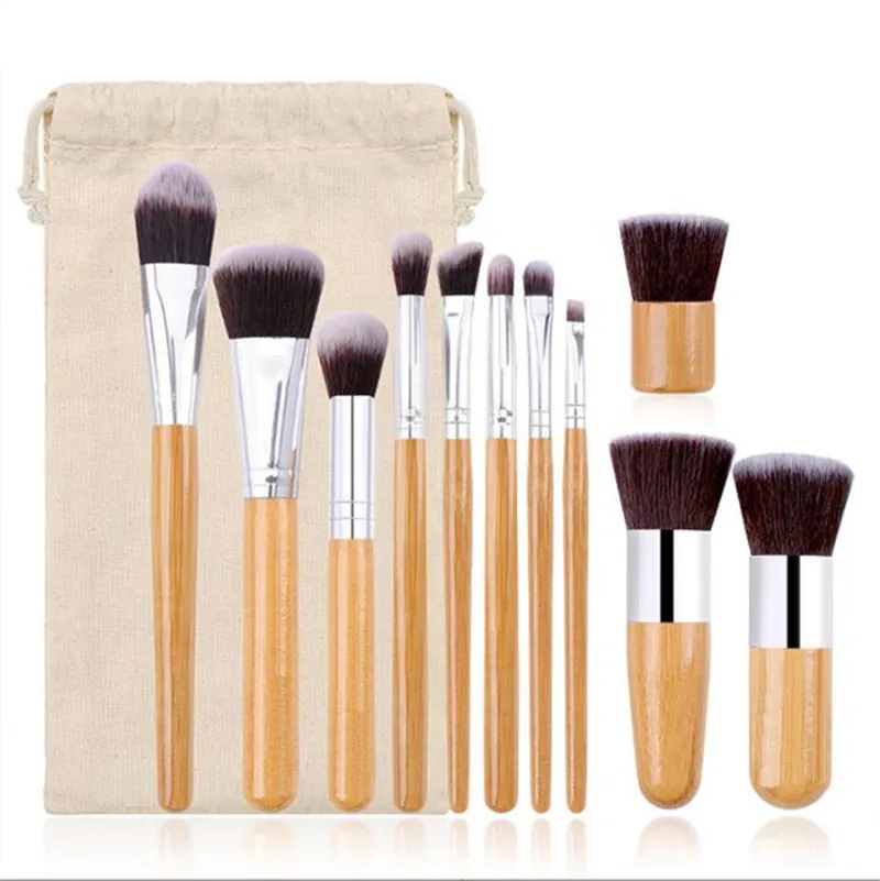 11 stks Bamboe Handvat Borstel Set Jute Canvas Bag Beauty Tool Multifunctionele Draagbare Synthetische Makeup Borstels Kit Drop Ship