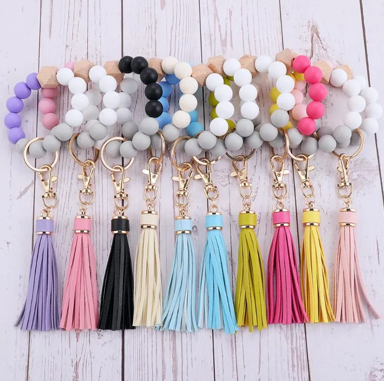 Silicone Beads Keychain Tassel String Chain Party Favor Leather Tassels Pendant Wooden Bead Bracelet Key Ring Morandi Color Keychains wmq1325
