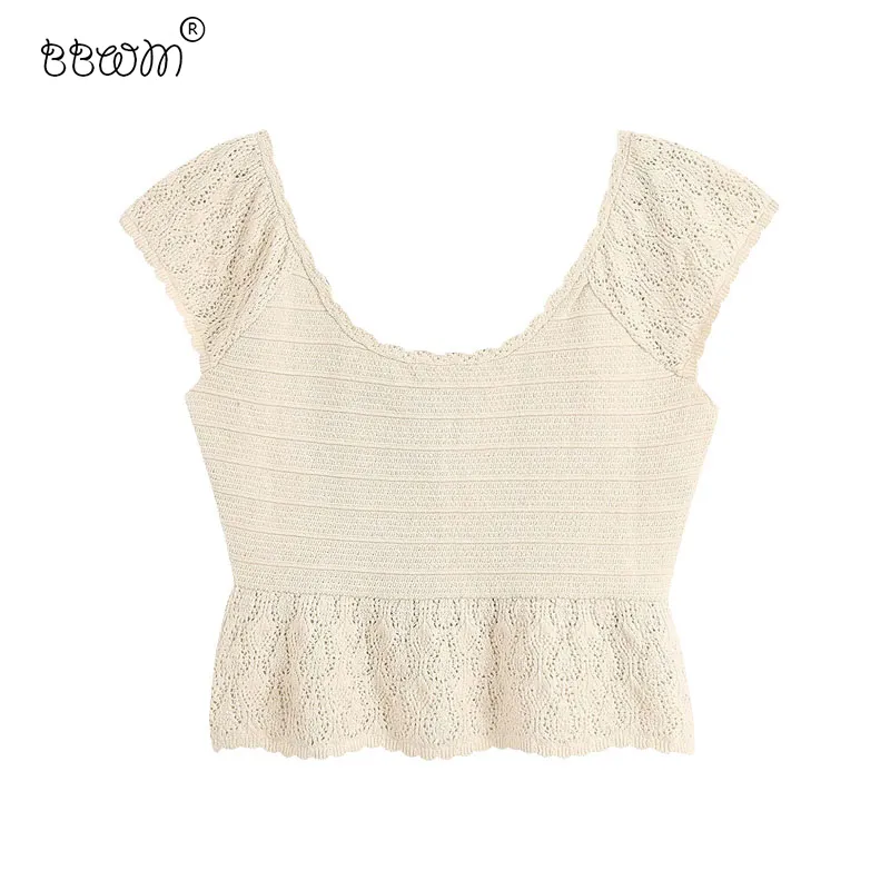 Women Sweet Fashion Ruffles Openwork Cropped Knitted Blouses Vintage Sleeveless Hollow Out Shirts Female Chic Tops 210520