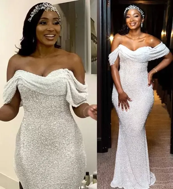 Sparkly White Sequined Mermaid Evening Dresses For Women Off The Shoulder Long Pom Dress African Black Girls Special Occasion Dress Formal Party Wear Reception From 115 15 DHgate