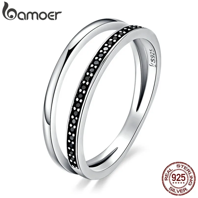 Véritable 925 Sterling Argent Double Cercle Noir Clair CZ Empilable Bague pour Femmes Fine Bijoux Cadeau SCR082 211217