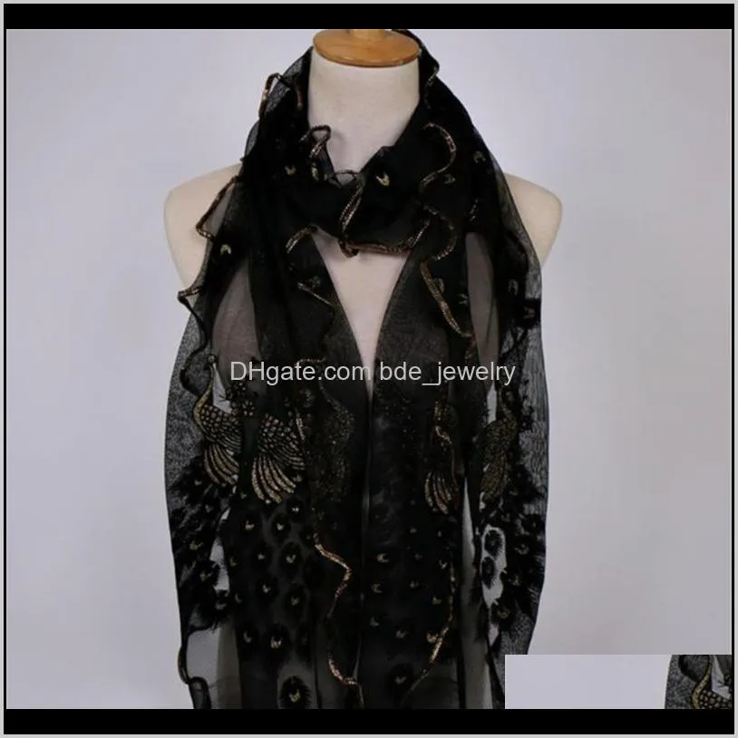 new design women chiffon peacock feather flower embroidered lace stylish scarf long soft wrap shawl ladies scarf