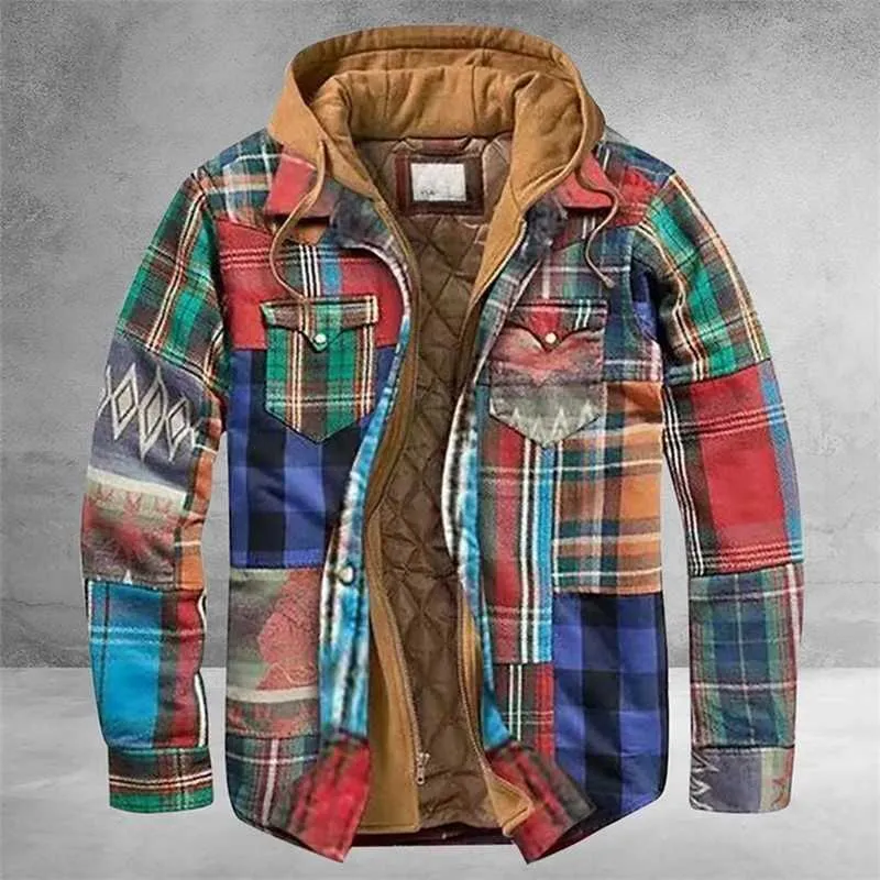 Hombres Retro Vintage Primavera Invierno Manga larga Camisa a cuadros Chaqueta para hombres Chaqueta a cuadros Abrigo Abrigo Abrigo con capucha Chaqueta de bolsillo Abrigo 210927