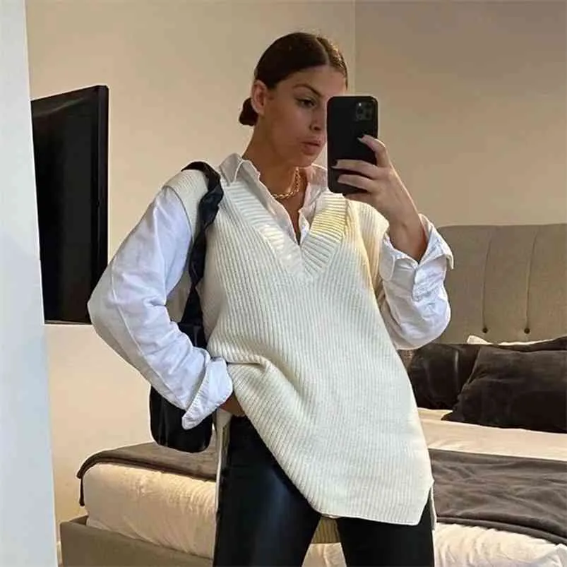 V Hals Stickad Sweater Vest Kvinnor Ärmlös Casual Vit Pullovers Höst Vinter Svart Streetstyle Toppar Jumper 210427