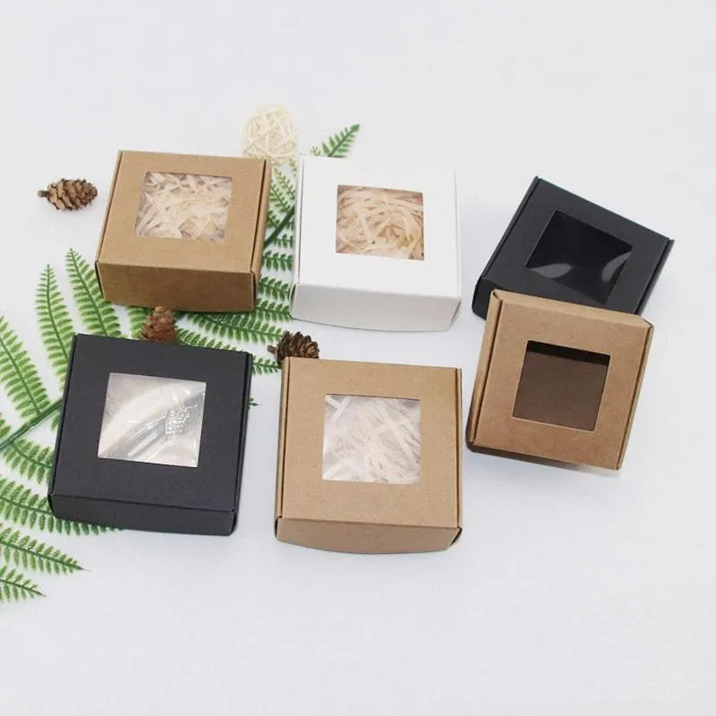Fällbara Kraft Paper Package Box Crafts Arts Storage Lådor för DIY SOAP Presentförpackning med transparent fönster