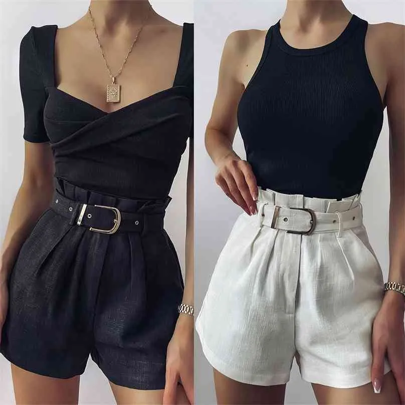 Summer Women Loose Short Pants with Waistband Solid Color High Waist Casual s Pockets Female 210719