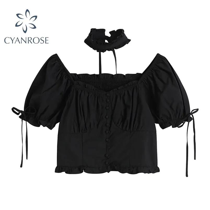 Gotisk stil Svart Crop Top Shirt Kvinnor Koreansk Fashion Sexig Slim Kortärmad Bandage Blus Kvinna Kläder 210515