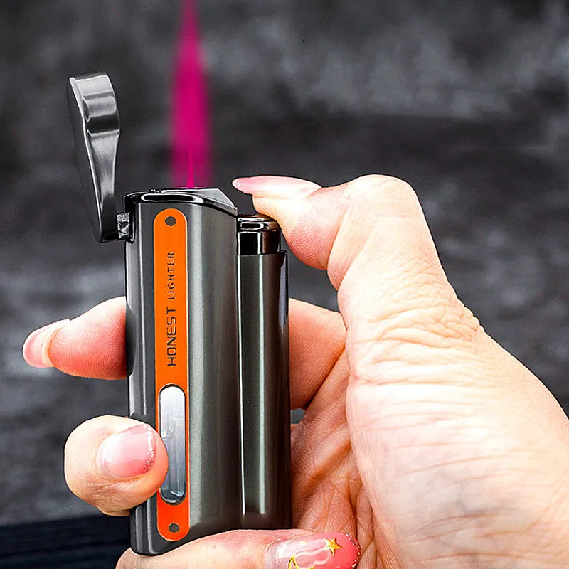 New Honesto Novo Jet Torch Lighter Turbo Metal Isqueiro Visível Janela De Gás Vento Infervenente Inflado Cigarro Charuto Isqueiros Gadgets Para Homem