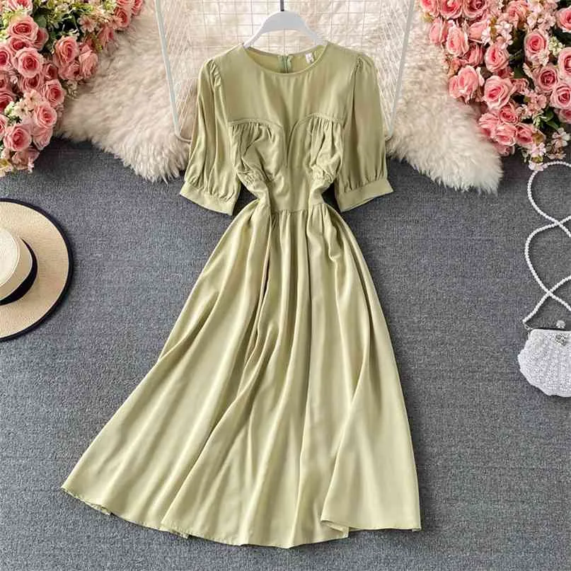 Summer French Style Women's Dress Solid Round Neck Short Sleeve Ruched Slim Waist A-line Vintage Party Robe Femme 210603