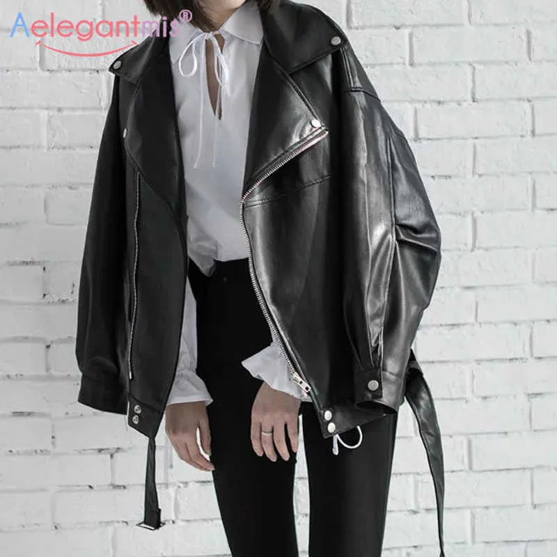 Aelegantmis Loose Women Soft Faux Leather Jacket With Belt Black Pu Biker Lady Basic Coat Street Casual Outerwear 210607