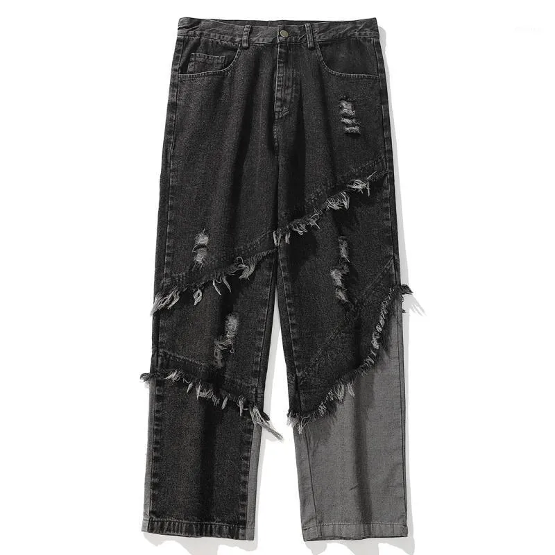 Men's Jeans Ripped 2021 Loose Casual Tassel Baggy Wide Leg Trousers Men Harajuku Straight Pant Streetwear Denim Pants Hip Hop