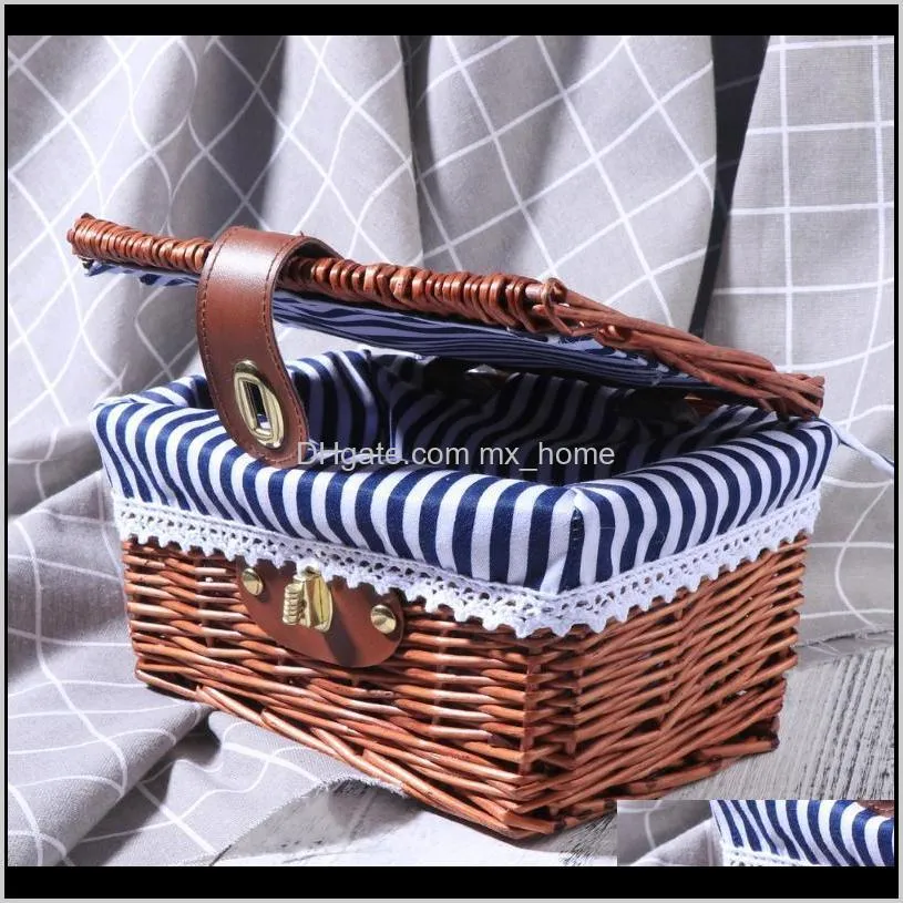 rural style wicker storage box with lock creative fabric lining container case organizer (original color frame+blue white stripe