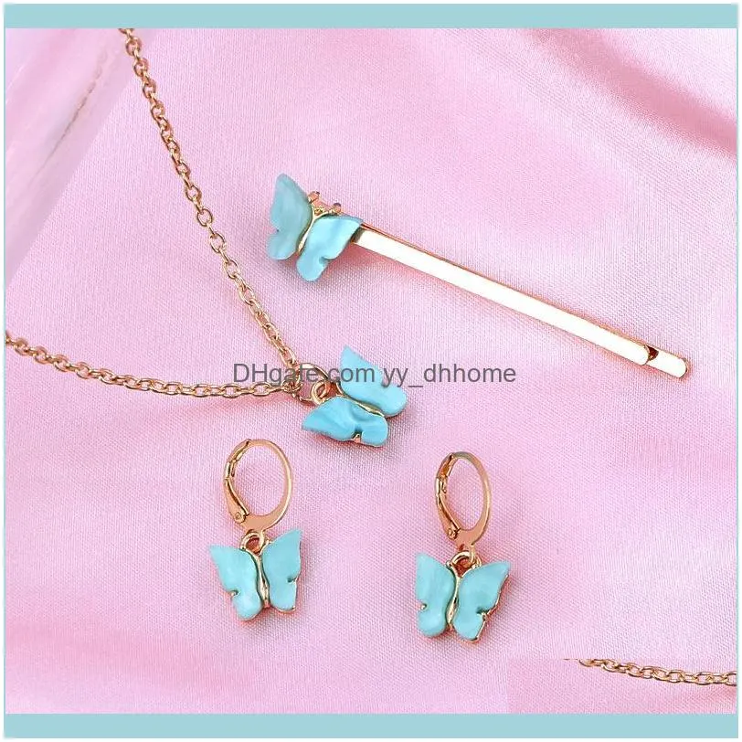 Earrings & Necklace 2021 Korea Multicolor Acrylic Butterfly Pendant Hairpin Sets For Women Girls Jewelry Set Party Gifts