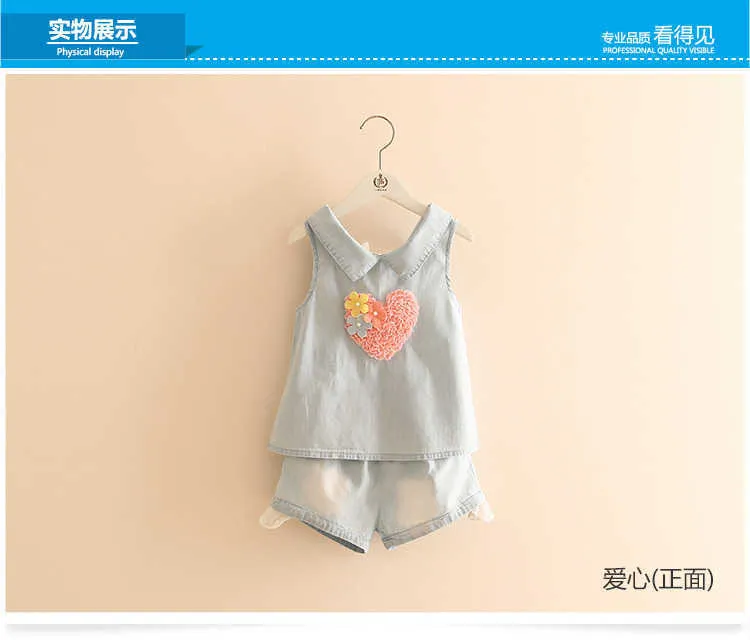 Girls Clothes Summer 2-10 Years Old Kids Embroidery Lovely Flower Heart Vest T Shirt+Shorts Lace Denim Blue 2 Piece Sets (6)