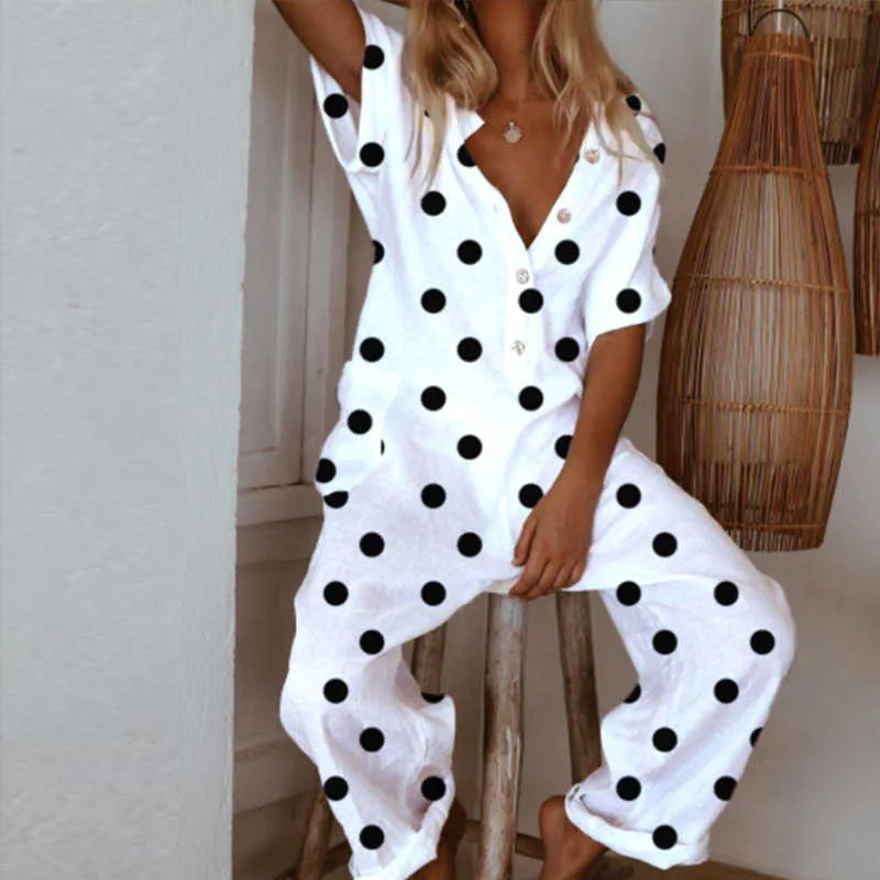 Verão Elegante Botão Mulheres Jumpsuit V Pescoço Algodão Linho Jumpsuits Manga Curta Calças Soltas Romper Sexy Bodysuit 210709