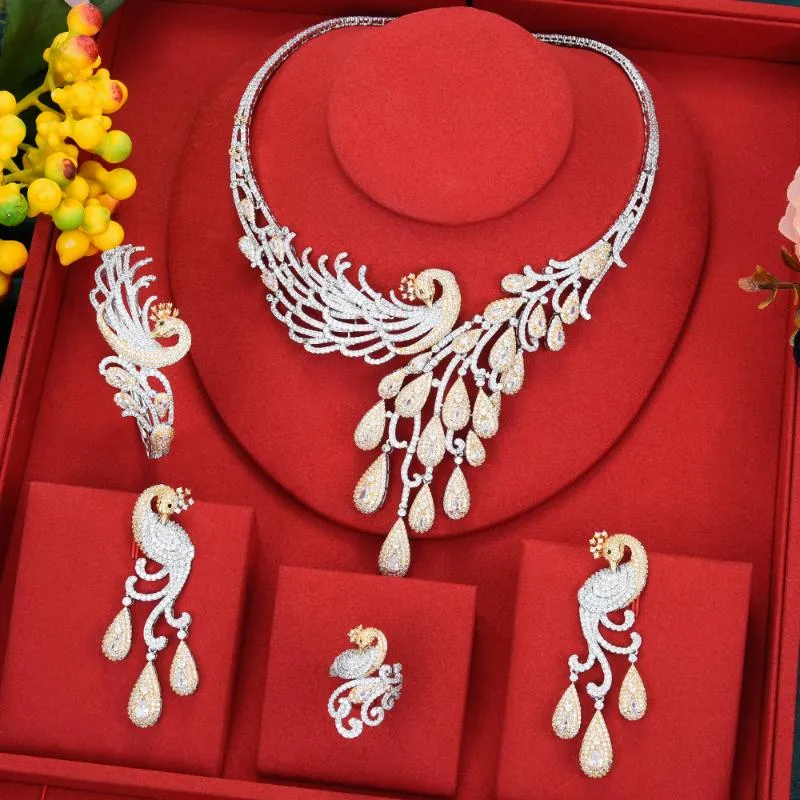 Oorbellen Ketting Luxe Pauw Sieraden Sets Voor Vrouwen Bruiloft Naija Dubai India Set Zirconia Bruids