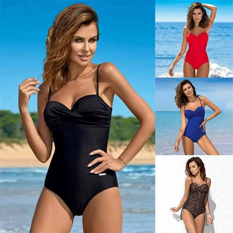 Ankunft Sommer Frauen Badeanzug Push Up Bügel Bademode Rot Einfarbig Badeanzug Plus Größe XXL Beachwear 210625