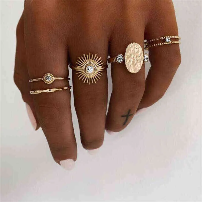 5 stks / set unieke ontwerp eenvoudige stijl geometrische ring gouden kleur boheemse zon knuckle ringen voor vrouwen partij sieraden bijoux