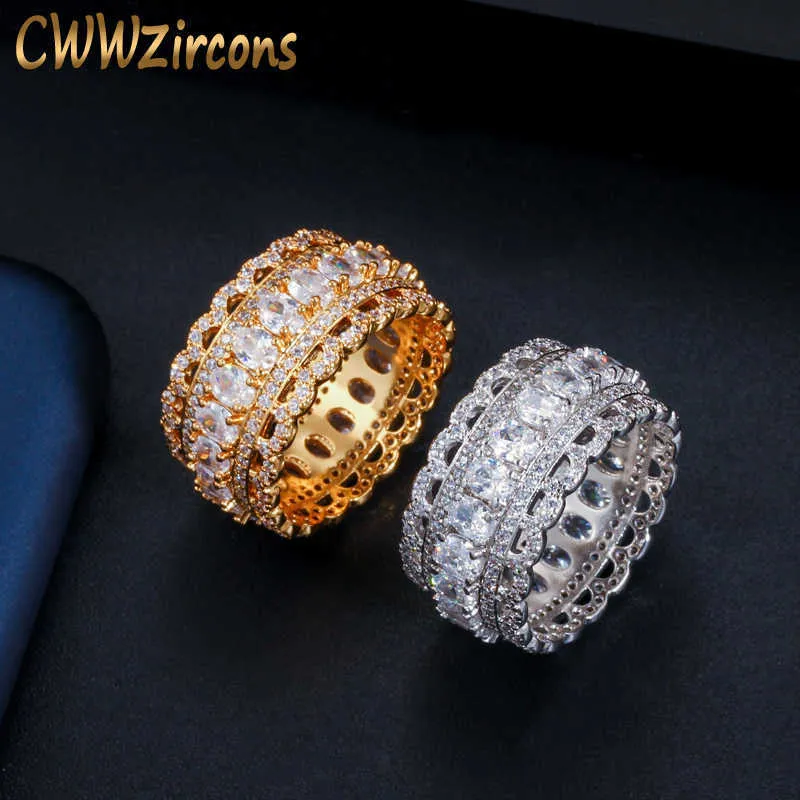 High Quality Luxury Dubai Cubic Zirconia Stones Pave Yellow Gold Big Wedding Band Party Rings for Women R138 210714