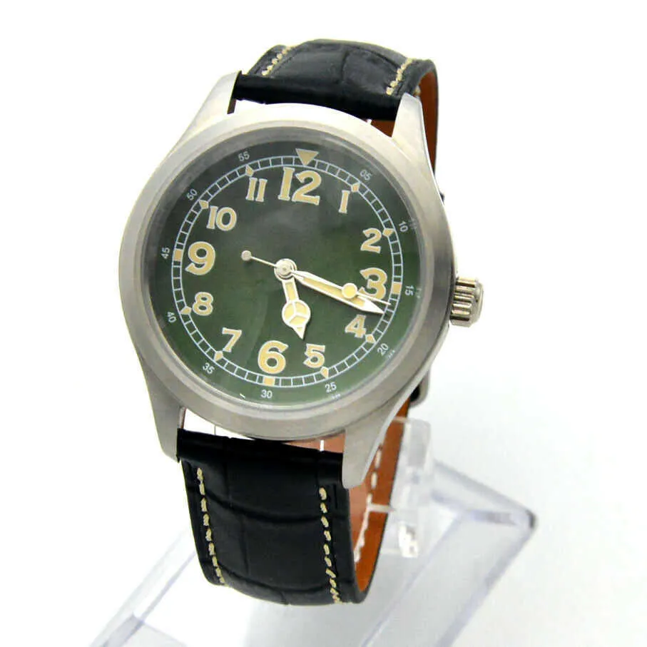 Retro 39mm Groen Geen Dial Roestvrij staal Solid Case Heren Automatische Mechanische Horloge Lederen Band Q0902