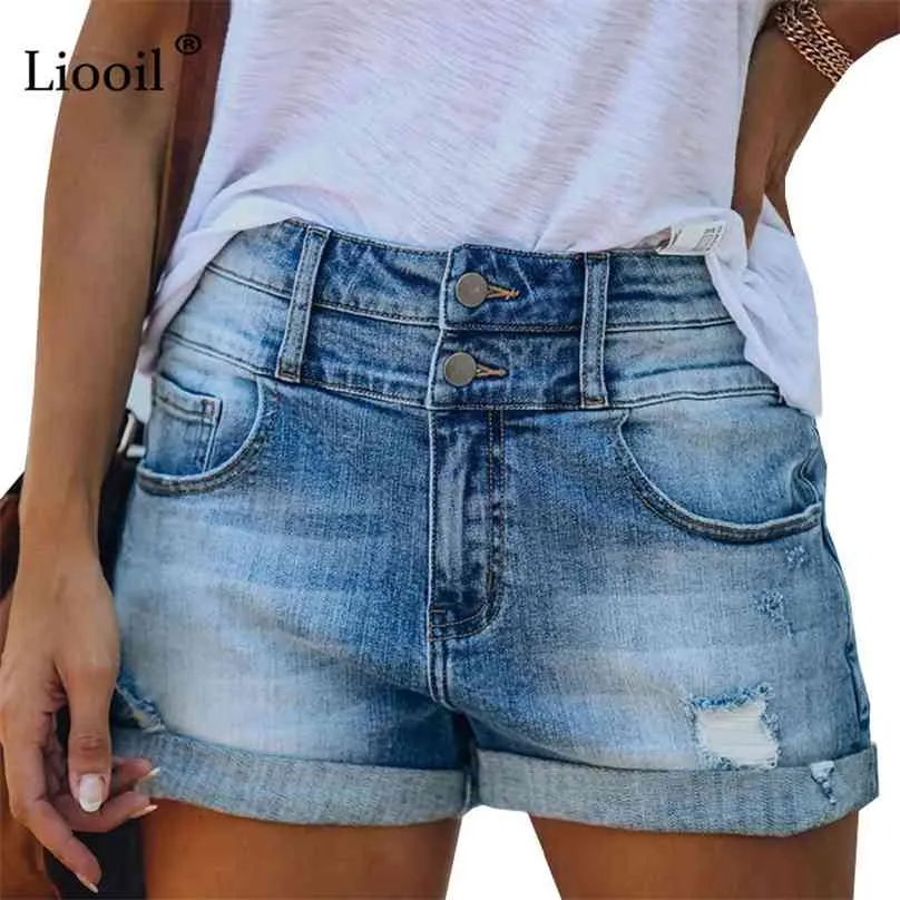 Coton Jeans Femme Taille Haute Stretch Shorts D'été Streetwear Fermeture Éclair Avec Poche Bouton Casual Bleu Revers Déchiré Denim Court 210719