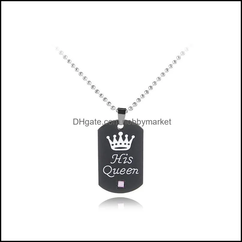 New Her King His Queen Pendants Necklace Dog Tag Crown Lettering Keychain beaded Chains For women men Couple Lovers Jewelry Gift