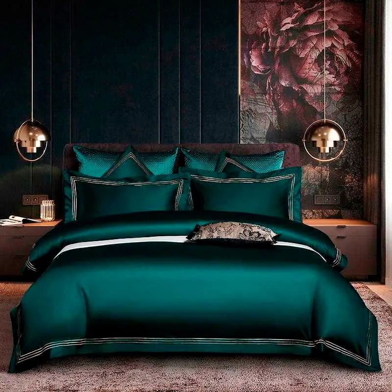 Bestickter tiefgrün-blauer Bettbezug, hochwertiges Bettwäsche-Set aus weicher ägyptischer Baumwolle, Doppelbett, Queen-Size-Bett, 4/6-teilige Bettlaken-Kissenbezüge