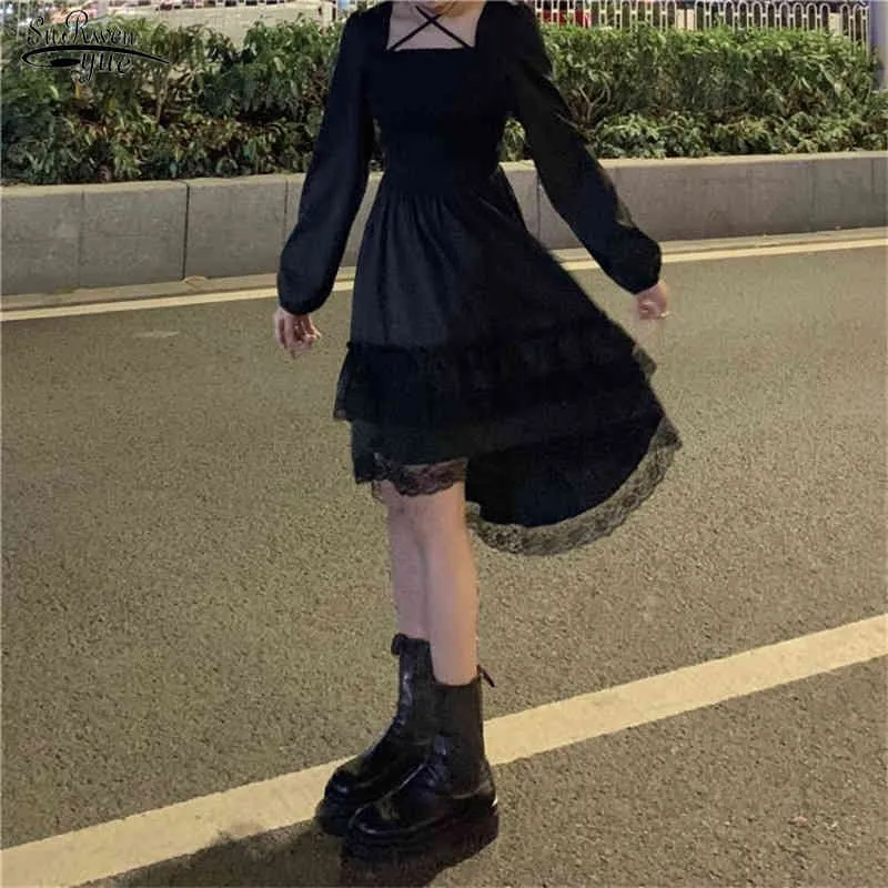 Cross Square Collar Lolita Princess Irregular Dress Gothic Women Black Fairy Party Cute Kawaii Lace Ruffles Chic 210521