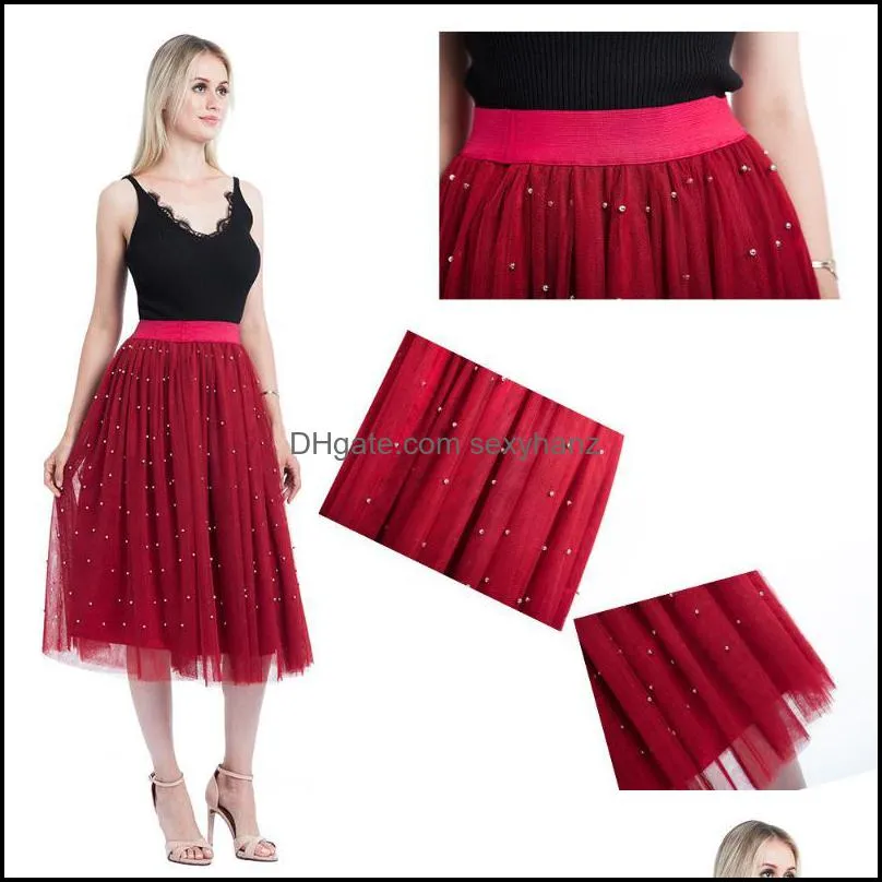 Skirts Womens Clothing Apparel Beading Tle Skirt Mesh Female Sier Pearl Tutu Elastic Waist Vintage Pleated For Gift Drop Delivery 2021 U2P3V