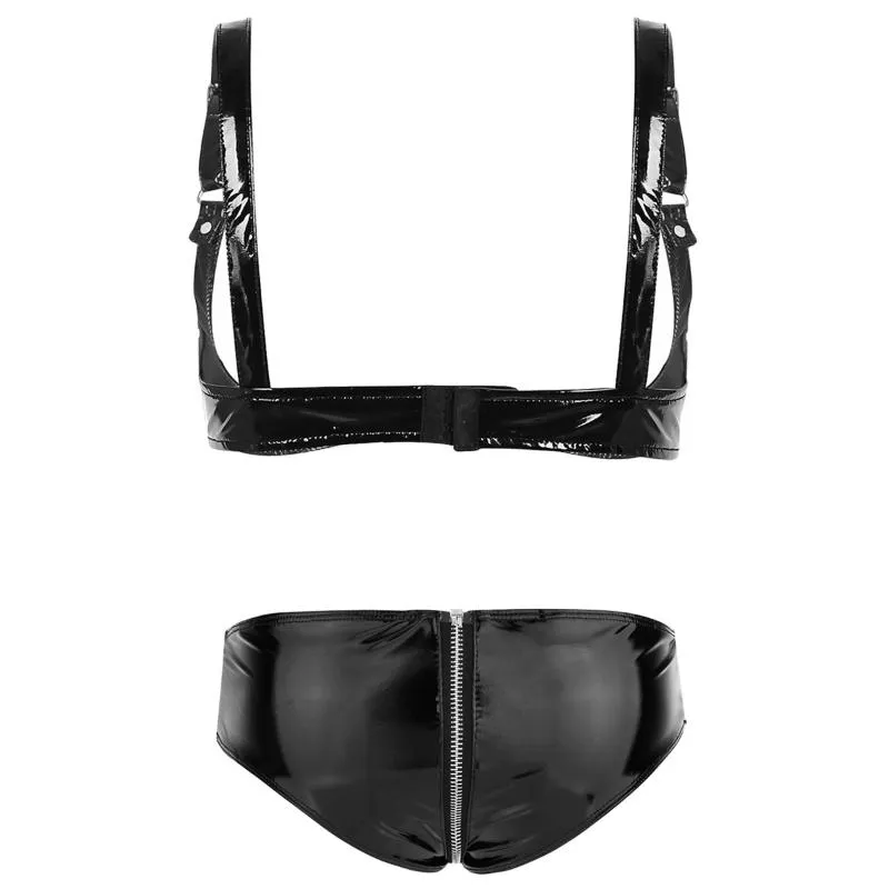 Msemis Women Wet Look Leather Underwear Set Erotic Open Shelf Bra With Zipper Booty Briefs Sexy Pole Dance Rave Bikinis Lingerie B350J