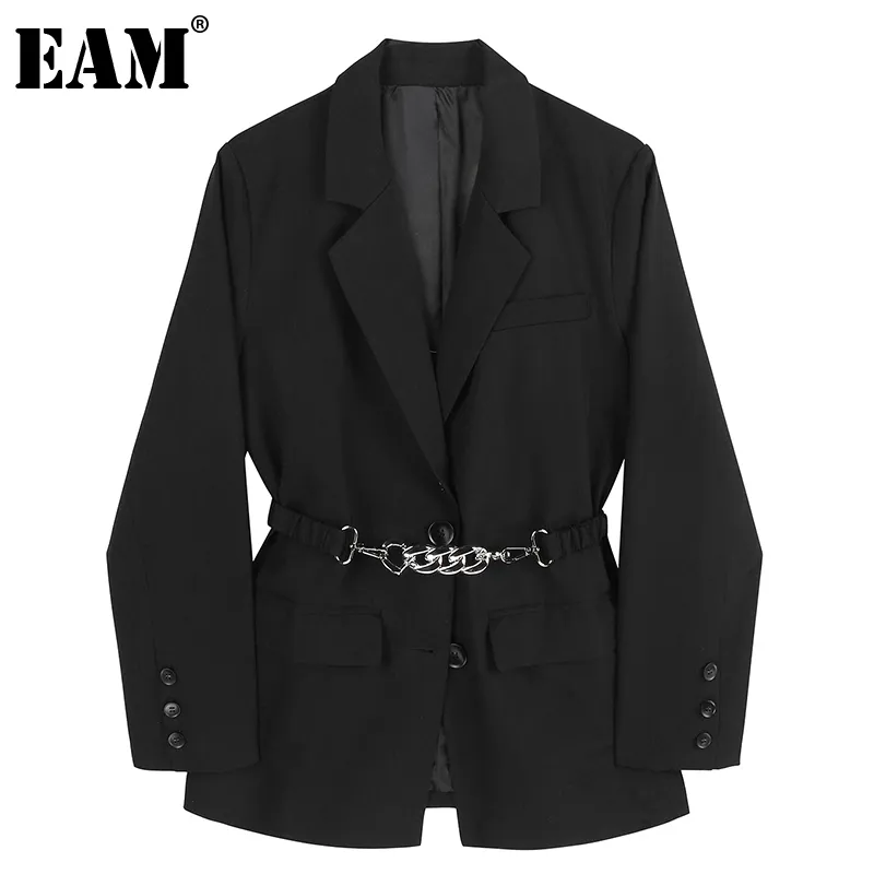 [EAM] Women Black Metal Belt Big Size Blazer Notched Long Sleeve Loose Fit Jacket Fashion Spring Autumn 1DD5843 210512