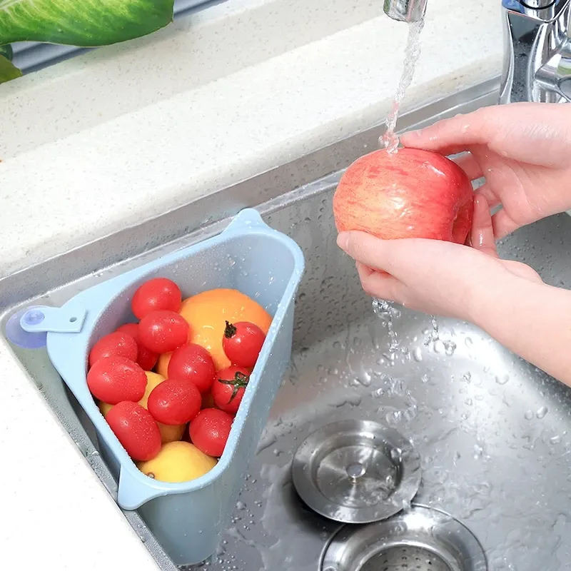 Sublimering Sink Filter Kök Triangulära Sinkar Filter Strainer Avlopp Vegetabilisk Fruite Drainer Basket Sugkopp Svamphållare Storage Rack