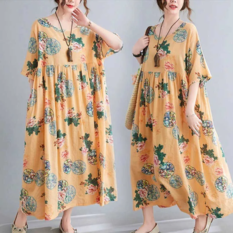 Plus Storlek 4XL 5XL 6XL Cotton Maxi Drwomen Vintage Short Sleeve Linne Lång Drrock Kvinna Oversize Boho Beach Print Dress X0621