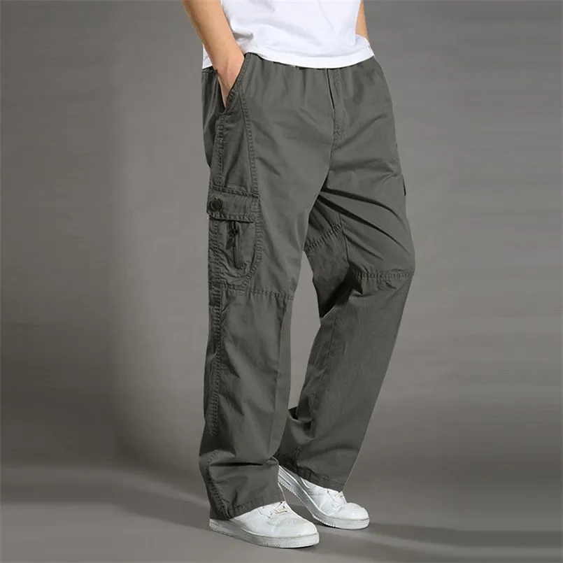 Men's Casual Trousers Cotton Overalls Elastic Waist Full Len Multi-Pocket Plus Fertilizer Men's Clothing Big Size Cargo Pants 211112