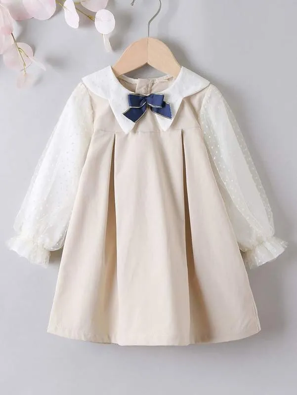 Meninas toddler flounce manga bow dobra frontal vestido plissado ela